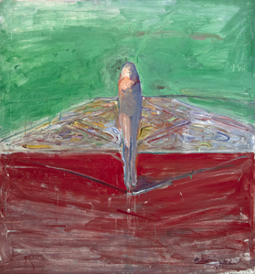 A menudo se asocia a Nathan Olivera con los pintores figurativos de la Bay Area de California, pero en realidad su obra revela su interés por Willem de Kooning, Alberto Giacometti y Francis Bacon. Estas influencias son características sobresalientes de Desnudo saliendo de la alfombra. Pintado cuando Olivera tenía poco más de 30 años, es el tipo de cuadro que estableció su temprana reputación por sus inquietantes representaciones de figuras aisladas pintadas con un estilo improvisado. La obra posterior de Oliveira refleja el influyente comentario de De Kooning sobre el reto de pintar recuerdos visuales y crear figuraciones con una presencia tenue, aunque la fuerte línea del horizonte que fundamenta este paisaje confiere a la figura una presencia más corpórea de lo habitual.