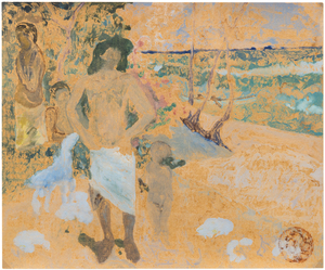 <div><font face=Lato size=3 color=black>The monotype holds a distinctive place within Gauguin's oeuvre, offering a window into the artist's innovative process and his quest to reconcile the challenge of unifying painting and drawing. This medium became the foundation of an impressive corpus that evolved from his innovative Brittany woodcuts and, later, as the means to reimagine the boundaries between printmaking, drawing, and painting during his years in Tahiti and the Marquesas. </font></div>
<br>
<br><div> </div>
<br>
<br><div><font face=Lato size=3 color=black>“<em>Bathers”</em> belongs to Gauguin's 1899–1903 series of "traced monotypes," a technique where the artist drew or pressed on the back of paper placed over an inked or painted surface, resulting in a single reversed impression. This process introduced subtle textures and a sense of immediacy while allowing Gauguin to explore the interplay of positive and negative forms. By late 1902, the artist had begun keying the drawings on the versos of these monotypes to the direction of his paintings, resulting in a deliberate reversal of themes. The reversed orientation of this monotype, for example, is associated with the painting "<em>Famille tahitienne</em>" (W.618, Stephen A. Cohen collection, a.k.a., “<em>A Walk by the Sea</em>”), and it exemplifies this practice, raising intriguing questions about the creation sequence.</font></div>
<br>
<br><div> </div>
<br>
<br><div><font face=Lato size=3 color=black>The reversed orientation offers a compelling argument for understanding the monotype as a concurrent experiment rather than a preparatory study. Rather than serving as a preliminary blueprint, the monotype served as a dynamic tool for experimentation, allowing Gauguin to analyze and retest compositional ideas, color harmonies, and spatial relationships in real-time. The act of transferring the image introduced an element of unpredictability—textures softened, colors became more fluid, and linear forms took on painterly qualities. This spontaneity enabled Gauguin to step outside the constraints of oil painting, offering him fresh insights into how elements of the composition could evolve. Through this iterative process, the monotype would have informed adjustments to “<em>Famille tahitienne</em>,” enriching the painting's vibrancy, depth, and compositional balance. The interplay between the two mediums underscores Gauguin's innovative approach, treating the monotype not as a secondary exercise but as an integral part of his artistic vision.</font></div>
<br>
<br><div> </div>
<br>
<br><div><font face=Lato size=3 color=black>While the monotype lacks the polished refinement of the painting, its raw immediacy and formal sensitivity reveal Gauguin's fascination with experimentation and spontaneity. Far from being a preparatory study, “<em>Bathers”</em> likely enabled Gauguin to deconstruct and reimagine <em>“Famille tahitienne” </em>as he worked. This creative interplay underscores Gauguin's broader artistic quest during his later years: to distill the essence of life and nature into forms that combine immediacy with timeless resonance.</font></div>