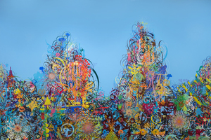 "A Dream Within a Dream" is a significant series of paintings and silkscreens by Ryan McGinnes that takes its name from a famous poem by Edgar Allan Poe. Exploring themes of perception, reality, and the subconscious mind, McGinnes incorporates a variety of symbols and motifs, including geometric shapes, botanical elements, and figurative motifs, which he arranges in intricate patterns that seem to shift and morph before the viewer's eyes. The title suggests a sense of ambiguity and uncertainty, reflecting the elusive nature of reality and the fleeing quality of human experience. By engaging with themes of perception and illusion, McGinnes encourages viewers to question their assumptions about the world and to consider the possibility that reality may be more fluid and subjective than it appears.