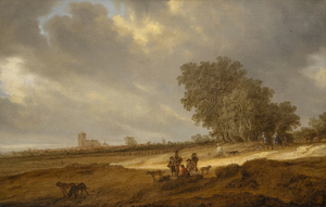 SALOMON VAN RUYSDAEL- 休息する人物と馬に乗ったカップルのいる砂丘の風景、その向こうにナイメーヘン大聖堂の眺め。