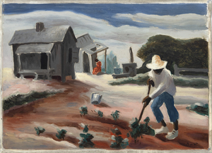 Sympathetic in his portrayal of farmers and field workers and favoring themes of dedication and hard work, Thomas Hart Benton created hundreds of studies depicting the struggle for existence that was the brutal day-to-day life for so many Americans at that time. Hoeing Cotton has much of the dark, moody pallor that evokes the hardship of southern farming during the Great Depression. Staged as if held in suspended anticipation of an impending storm, Benton utilizes the dynamic interplay between sky and landscape to deepen the thematic impact of rural life in the deep south. These elements highlight the connection between people and their environment and the enduring spirit of resilience.
