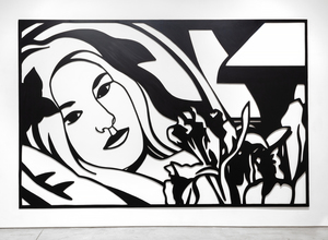 Tom Wesselmann will undoubtedly be remembered for associating his erotic themes with the colors of the American flag. But Wesselmann had considerable gifts as a draftsman, and the line was his principal preoccupation, first as a cartoonist and later as an ardent admirer of Matisse. That he also pioneered a method of turning drawings into laser-cut steel wall reliefs proved a revelation. He began to focus ever more on drawing for the sake of drawing, enchanted that the new medium could be lifted and held: “It really is like being able to pick up a delicate line drawing from the paper.”
<br>
<br>The Steel Drawings caused both excitement and confusion in the art world. After acquiring one of the ground-breaking works in 1985, the Whitney Museum of American Art wrote Wesselmann wondering if it should be cataloged as a drawing or a sculpture. The work had caused such a stir that when Eric Fischl visited Wesselmann at his studio and saw steel-cut works for the first time, he remembered feeling jealous. He wanted to try it but dared not. It was clear: ‘Tom owned the technique completely.’
<br>
<br>Wesselmann owed much of that technique to his year-long collaboration with metalwork fabricator Alfred Lippincott. Together, in 1984 they honed a method for cutting the steel with a laser that provided the precision he needed to show the spontaneity of his sketches. Wesselmann called it ‘the best year of my life’, elated at the results that he never fully achieved with aluminum that required each shape be hand-cut.  “I anticipated how exciting it would be for me to get a drawing back in steel. I could hold it in my hands. I could pick it up by the lines…it was so exciting…a kind of near ecstasy, anyway, but there’s really been something about the new work that grabbed me.”
<br>
<br>Bedroom Brunette with Irises is a Steel Drawing masterwork that despite its uber-generous scale, utilizes tight cropping to provide an unimposing intimacy while maintaining a free and spontaneous quality. The figure’s outstretched arms and limbs and body intertwine with the petals and the interior elements providing a flowing investigative foray of black lines and white ‘drop out’ shapes provided by the wall. It recalls Matisse and any number of his reclining odalisque paintings. Wesselmann often tested monochromatic values to discover the extent to which color would transform his hybrid objects into newly developed Steel Drawing works and, in this case, continued with a color steel-cut version of the composition Bedroom Blonde with Irises (1987) and later still, in 1993 with a large-scale drawing in charcoal and pastel on paper.