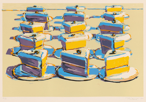 WAYNE THIEBAUD-Boston Cremes <div><font face=Lato size=3 color=black>Wayne Thiebaud’s <em>Boston Cremes</em> (1970–71) forms part of the artist’s portfolio <em>Seven Still Lifes and a Silver Landscape</em>. Signed and dated by the artist in 1970, the print has not previously appeared at auction. Thiebaud, a central figure in Post-War American art, is celebrated for his luminous depictions of everyday objects, most notably desserts and consumer goods, that situate him at the intersection of Pop Art’s engagement with mass culture and a painterly sensibility indebted to Impressionism.</font></div>
<br>
<br><div> </div>
<br>
<br><div><font face=Lato size=3 color=black>Decadent rows of chocolate-topped pastries are presented in neat sequence, echoing the logic of bakery displays while transforming a familiar confection into a cultural icon. Within the apparent uniformity, subtle variations in contour, texture, and shading emerge, inviting close attention to the individuality of each form.</font></div>
<br>
<br><div> </div>
<br>
<br><div><font face=Lato size=3 color=black>Rendered in bright, pastel grounds offset by rich browns, yellows, and creams, the image exemplifies Thiebaud’s distinctive use of color, particularly his shadows infused with unexpected blues and purples. These chromatic choices lend vibrancy and a sense of light to ordinary subjects, elevating them into objects of contemplation.</font></div>
<br>
<br><div><font face=Lato size=3> </font></div>
<br>
<br><div><font face=Lato size=3 color=black>At once nostalgic and critical, <em>Boston Cremes</em> reflects the artist’s engagement with American consumer culture and his distinctive balance between realism and stylization. Transforming familiar confections into enduring symbols of American life, the work evokes memory while challenging the boundaries between fine art and popular imagery.</font></div>