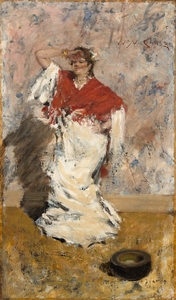 <div><font face=Lato size=3 color=black><em>Dancing Girl</em> dates from 1881 to 1882, a dynamic and exploratory moment in William Merritt Chase’s career when he was actively engaging with European subjects and broadening the expressive range of American painting. The work is included in the Chase catalogue raisonne and reflects the artists fascination with Spanish themes, which many American painters of the period encountered firsthand while studying the masters in the Prado and absorbing the culture, costume, and movement of Spain. Although the painting was later mislabeled by an early owner as an Italian street scene, Chase was in Spain during the summer when this work was created, firmly situating it within his Spanish period.</font></div><br><br><div>&nbsp;</div><br><br><div><font face=Lato size=3 color=black>The animated single figure captures a woman in motion, a subject that is notably rare within Chases oeuvre and distinct from the more contemplative female figures that dominate his most valuable works. His auction record painting, <em>I Think I Am Ready Now</em> from around 1883, shares the focus on a single female figure from the same period, underscoring the importance of this moment in his artistic development. The present work also relates closely to important institutional examples, including <em>Carmencita</em> from 1885 in the Metropolitan Museum of Art and <em>A Tambourine Player</em> in the Montclair Art Museum, both of which highlight Chases sustained interest in dancers and Spanish costume.</font></div><br><br><div>&nbsp;</div><br><br><div><font face=Lato size=3 color=black>The painting was held on long term loan to the Museum of Fine Arts Boston from 1906 to 1922, affirming its early institutional recognition. Chase’s Spanish works should be viewed in dialogue with those of John Singer Sargent, whom he met in 1881 while Sargent was developing studies for <em>El Jaleo</em>, as both artists looked to Velázquez for inspiration. <em>Dancing Girl</em> stands as a spirited and uncommon example of Chase portraying a woman at play, capturing movement, rhythm, and cultural immediacy at the height of his European engagement.</font></div><br><br><div>&nbsp;</div>