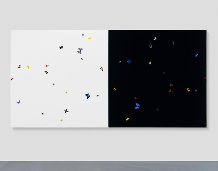 Hirst32308_museum2 “Monument to the Living and the Dead” (2006), butterflies and household gloss paint on 2 canvases, 84 x 84 in. each, The Tate, London.
