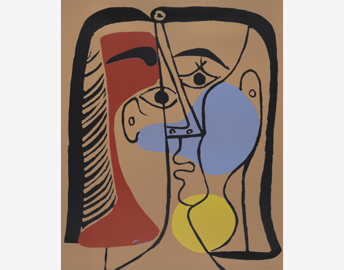 "Portrait of Jacqueline with Glossy Hair" (1962), linoleum cut, 25 1/8 x 20 11/16 in.